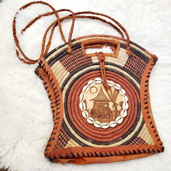 African Artisan Handbags - African Artisan Jute Leather Straw Woven Dyed Assembled Raffia Shoulder Bag